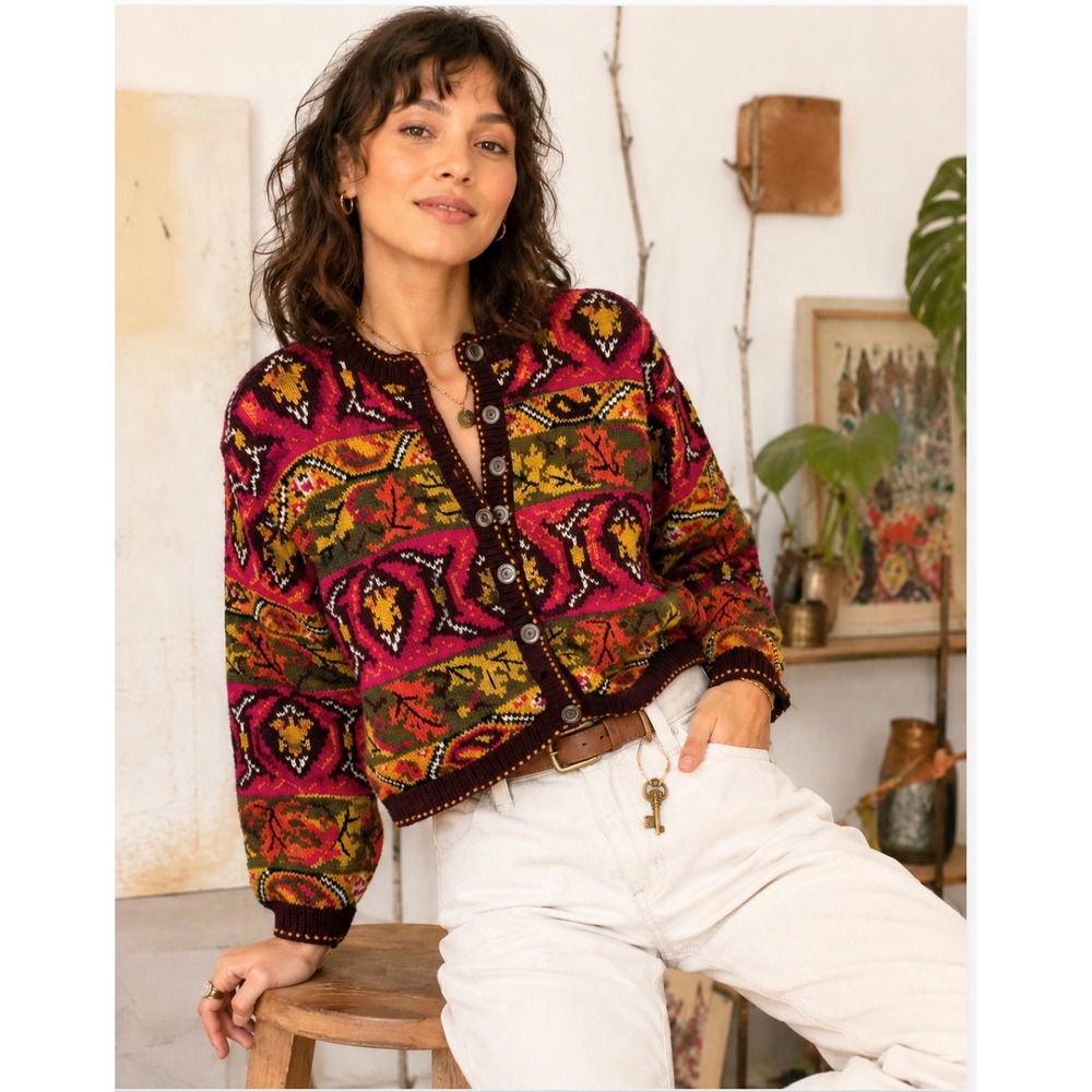 Studio Michelle Stuart Leaf Ramie Cotton Knit Cardigan M Eclectic Earthy